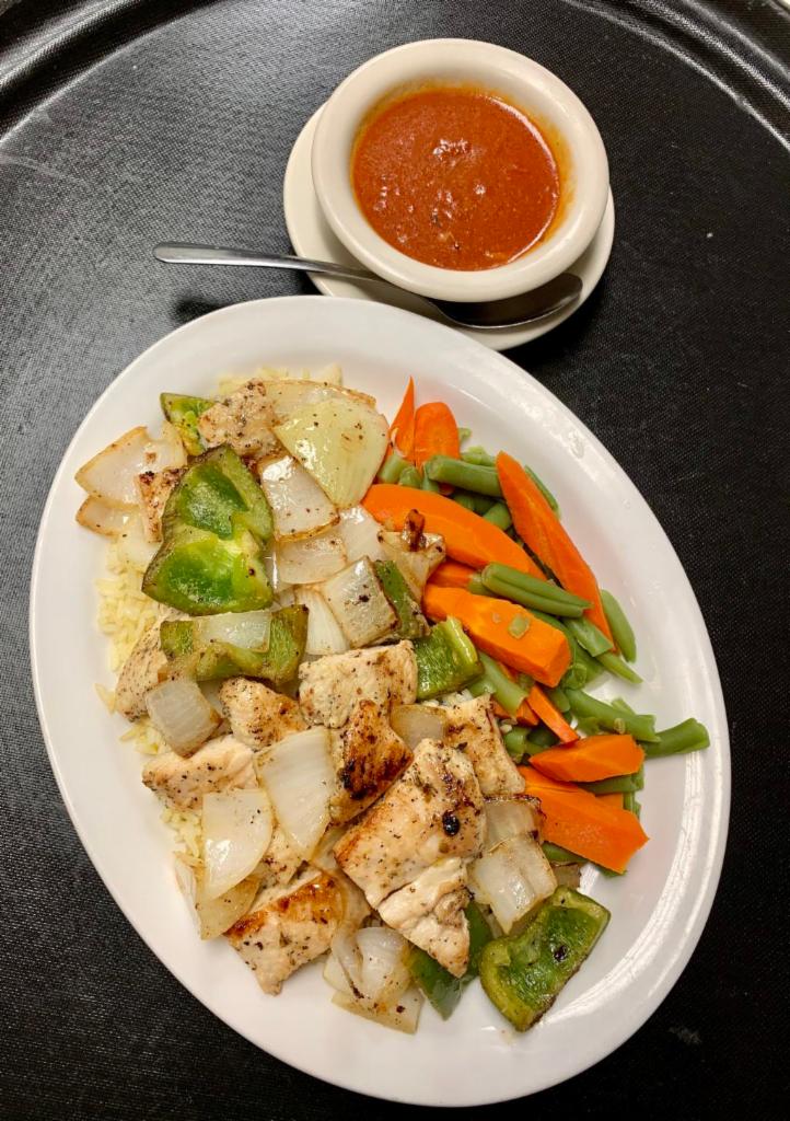 Chicken Kabob · Served over rice with sauce and includes a choice of a cup of soup, salad or coleslaw.