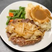 Chopped Sirloin · Mashed potatoes and gravy, vegetable and choice of soup, salad or slaw. Sautéed onions optio...