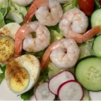 Shrimp Louie Salad · Jumbo shrimp, hard boiled egg, tomato and cucumber. We recommend Louie dressing. Bright and ...