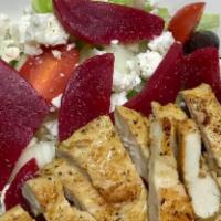 Large Grilled Chicken Greek  · Grilled chicken breast, feta cheese, tomato, cucumber, green pepper, onion, kalamata olives,...