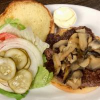 1/2 lb. Mushroom Burger · Served with American or Swiss cheese. Add a Coke or an ice tea for an additional charge.