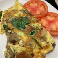 Mushroom, Bacon & Swiss Omelette ·  Optional: Add Spinach to any omelette (up charge)