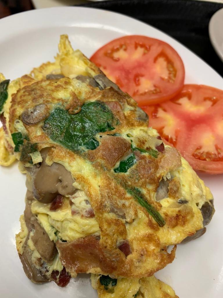 Mushroom, Bacon & Swiss Omelette ·  Optional: Add Spinach to any omelette (up charge)