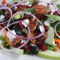 Apple Cranberry Salad · Mixed greens topped with fresh crumbled feta cheese, Kalamata olives, sliced green apples, d...