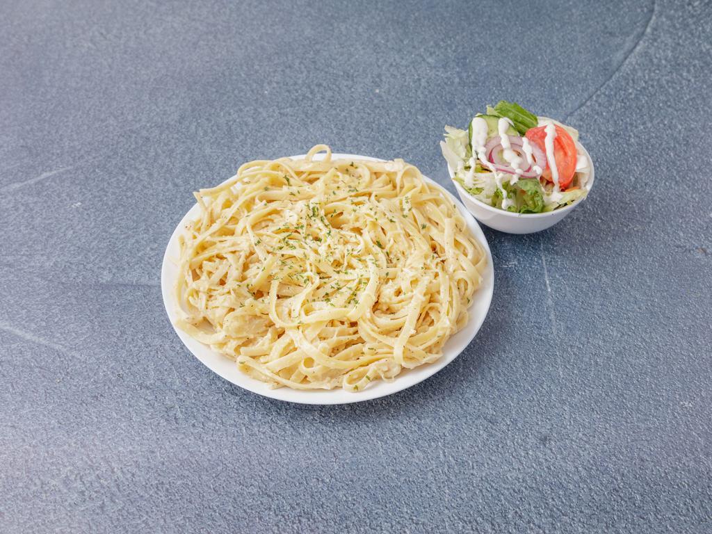 Fettuccini Alfredo · Fine imported fettuccini noodles tossed with our own house made creamy Alfredo sauce.