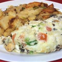 Healthy Omelette · Egg white, spinach, mushroom, onion tomato, bell pepper, cheese, and turkey.