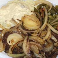 Ground Round Steak · Served with grilled onion and veggies