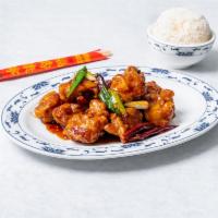 General Tso's Chicken · Spicy.  Double fried chicken (dark meat) stir-fried in our General Tso's sauce. 
