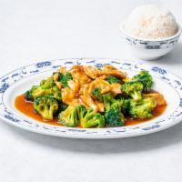 Chicken with Broccoli · Sliced chicken breast stir-fried with broccoli in a brown sauce 
