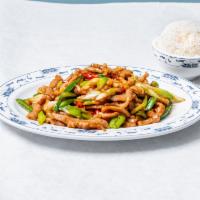 Shredded Pork with Hot Pepper · Served with steamed rice. Spicy.  Shredded pork stir-fried with jalapeno peppers and scallio...
