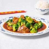 Beef with Broccoli · Sliced beef with fresh broccoli in a brown sauce