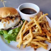 The Tap Burger · Natural beef patty/ French onion dip aioli / swiss cheese / crispy onions / leaf lettuce red...