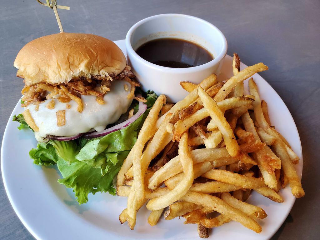 The Tap Burger · Natural beef patty/ French onion dip aioli / swiss cheese / crispy onions / leaf lettuce red onion / au jus
*au jus and French Onion aioli NOT vegetarian 