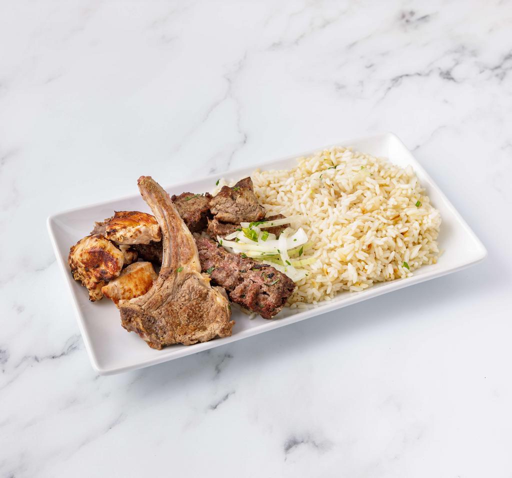 Al Raouche Combination Platter · Shish kabab, kufta kabab, chicken kabab and lamb chops.