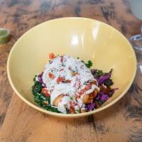 Grilled Chicken Bowl · Grilled chicken breast, sauteed kale, black beans, rice, cabbage slaw, avocado verde, pico d...