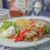 Steak a la Mexicana · Steak topped with grilled onions, peppers and jalapeno.
NOTE: Plate comes with rice, beans, ...