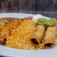Combo No. 2 · 2 crispy taquitos with an enchilada. Please select your choice of meat for tacos and enchila...