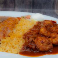 Combo No. 4 · Camarones rancheros with an enchilada. 
Please select your choice of meat for the enchilada ...