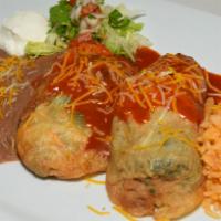 Chiles Rellenos · Topped with enchilada sauce 2 stuffed peppers filled with cheese. Warning: toothpick. NOTE: ...