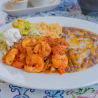 Camarones Rancheros · Shrimp sauteed with peppers, onions and cooked in our own sauce.           NOTE: Plate comes...
