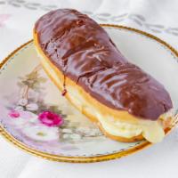 Eclair · a delicious oblong pastry filled with custard and topped with yummy chocolate.
