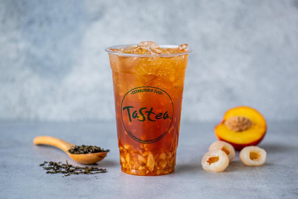 Lychee Peachee Tea · Peach black tea with diced lychee.