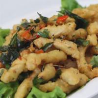Salt and Pepper Calamari · Battered fried shimeji mushroom, jalapeno, bell pepper, basil, garnish with lettuce. Vegan.