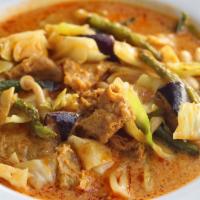 Vegetable Curry · Cabbage, green bean, eggplant, mushrooms, bean curd, and coconut milk. Vegan. Gluten-free.