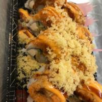 Red Dragon roll  · Tempura shrimp, cream cheese, cucumber inside, topped with spicy tuna, avocado, spicy mayo
a...
