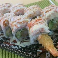 Snow White roll  · Tempura shrimp, avocado, cucumber inside, topped with mixed snow crabmeat ,coconut flake
,Ja...