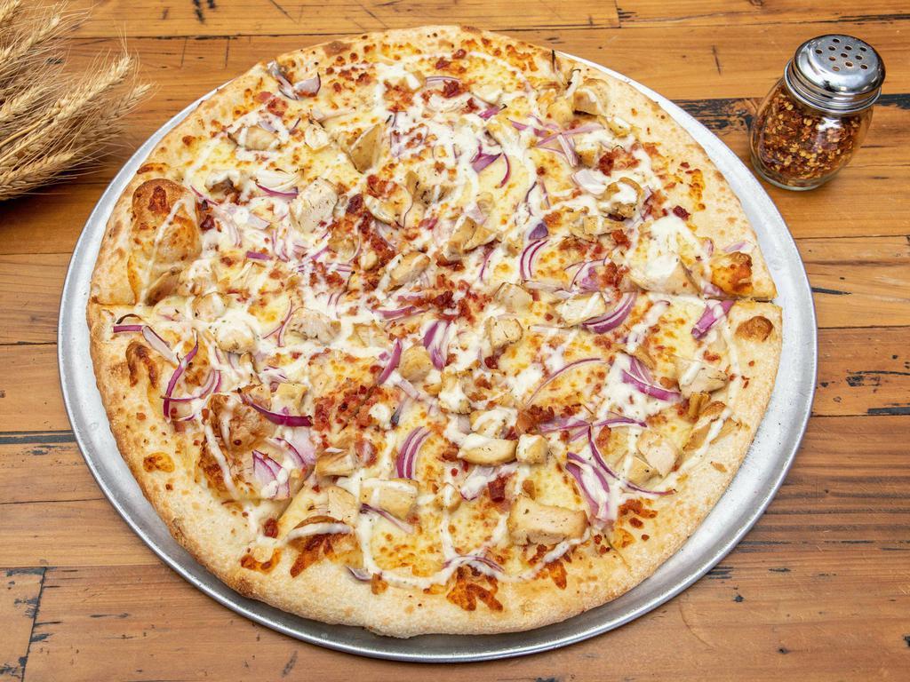 Rancher Pizza · Homemade ranch sauce, freshly marinated chicken, bacon, lightly chopped onions and triple blend of mozzarella cheese.