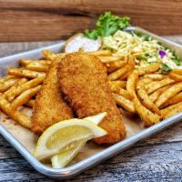 2PC Blonde Ale Battered Fish  Chips · Half pound of fish here. This will fill ya' up, no problem!