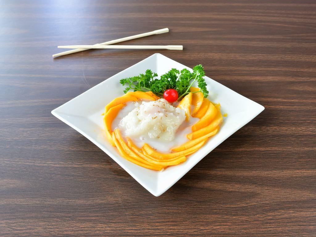 #1. Sweet Sticky Rice with Mangoes · Served with coconut ice cream.