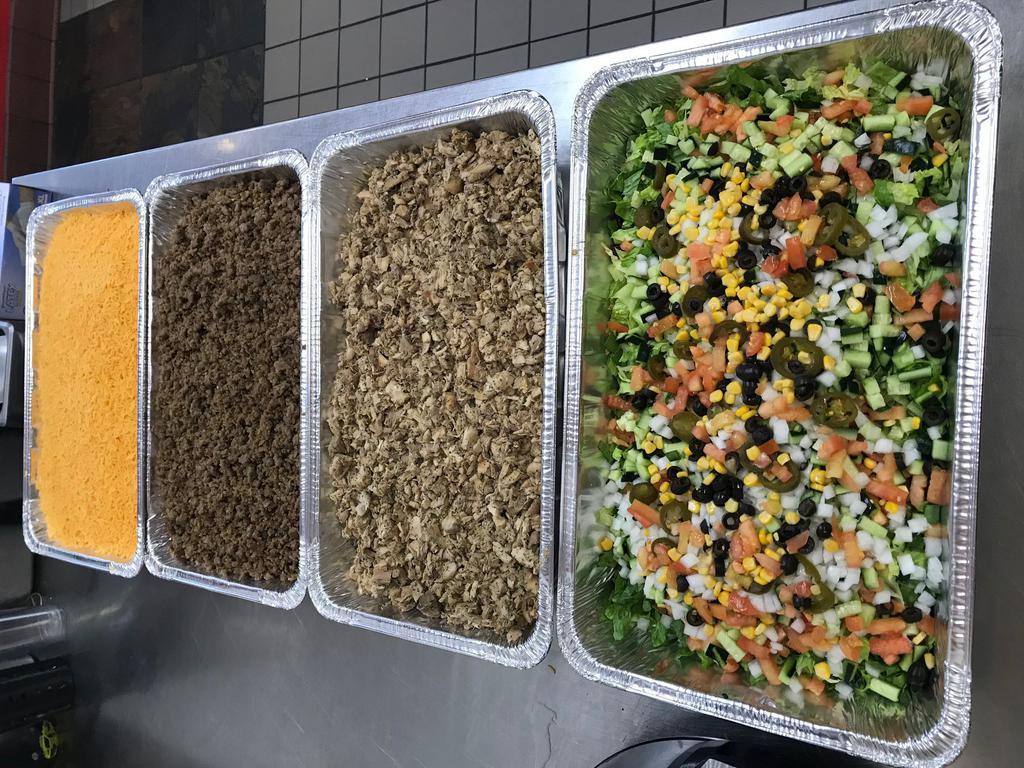 Party Pack (25) · Party Pack (Serves 25)
One tray of Chicken, One Tray Of Lamb Gyro, Rice, Romaine Lettuce, Tomato, Onion, Cucumber,  White Sauce& Hot Sauce.