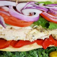 Chicken Tuscany Sandwich · Grilled or fried chicken cutlet, fresh mozzarella, romaine lettuce, tomatoes, roasted pepper...