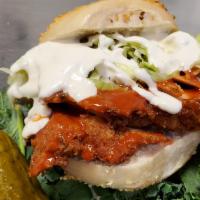 Buffalo Bill Sandwich · Chicken cutlet, hot sauce, lettuce and blue cheese dressing.