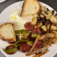 Chourico & Eggs · 2 eggs served any style with sliced chourico, pepper, and onions.