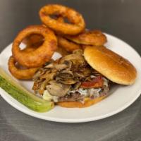 Miss Lorraine Burger · 6-oz. black Angus beef, grilled mushrooms, caramelized onions, bacon and melted cheese. Serv...