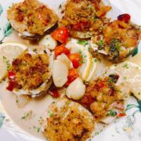 Baked Clams Casino · Stuffed with breadcrumbs, smoked pancetta, onions, peppers