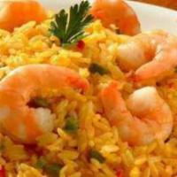 Arroz con Mariscos · Seasoned rice mixed with seafood sauce with clams, mussels, squid and shrimp.