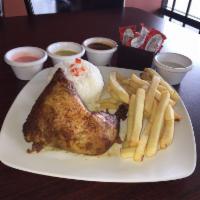 Combo # 4 · 1 whole chicken, and a half chicken + 3 side orders of your choice  (rice - fries - salad - ...