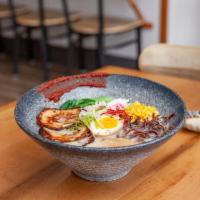 Tonkotsu Ramen Noodles · Rich chicken and pork bone broth, pork belly, Fish cake,bamboo shoots, kikurage mushrooms, c...
