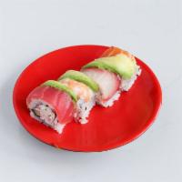 Rainbow Roll · Crab salad, cucumber inside, tuna, salmon and shrimp avocado on top.