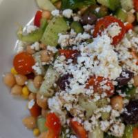 Orso's Harvest Salad  · Chopped tomato, cucumber, kalamata olives, corn, red and green bell peppers, and garbanzo be...