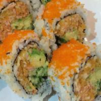 Kamikaze Roll · 5 pieces. Spicy tuna, avocado tempura flakes and masago. Hot and spicy.