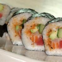 Crazy Roll · 5 pieces. Tuna, salmon, crabmeat, cucumber, avocado and masago.