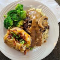 Char-Broiled Chopped Steak · Half pound premium Angus beef, cooked medium well served on rice. Topped with brown gravy an...