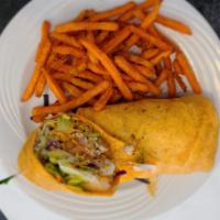 Southwest Chicken Wrap · Grilled or fried chicken with fresh avocado slices, Romaine lettuce, Cheddar cheese, Montere...