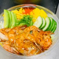 Shrimp teriyaki Poke Bowl · Serve with avocado, cucumber, oshinko, mango, tobiko, seaweed salad and white rice 