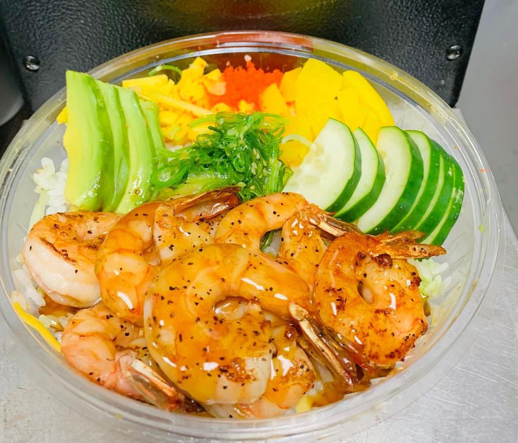 Shrimp teriyaki Poke Bowl · Serve with avocado, cucumber, oshinko, mango, tobiko, seaweed salad and white rice 